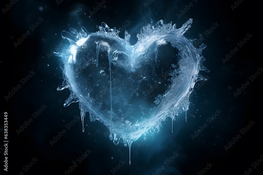 blue ice heart shape clear with ice crystals and icicle black background. The concept is cold-hearted, heartbroken, unloved, cold and closed-hearted. - obrazy, fototapety, plakaty 