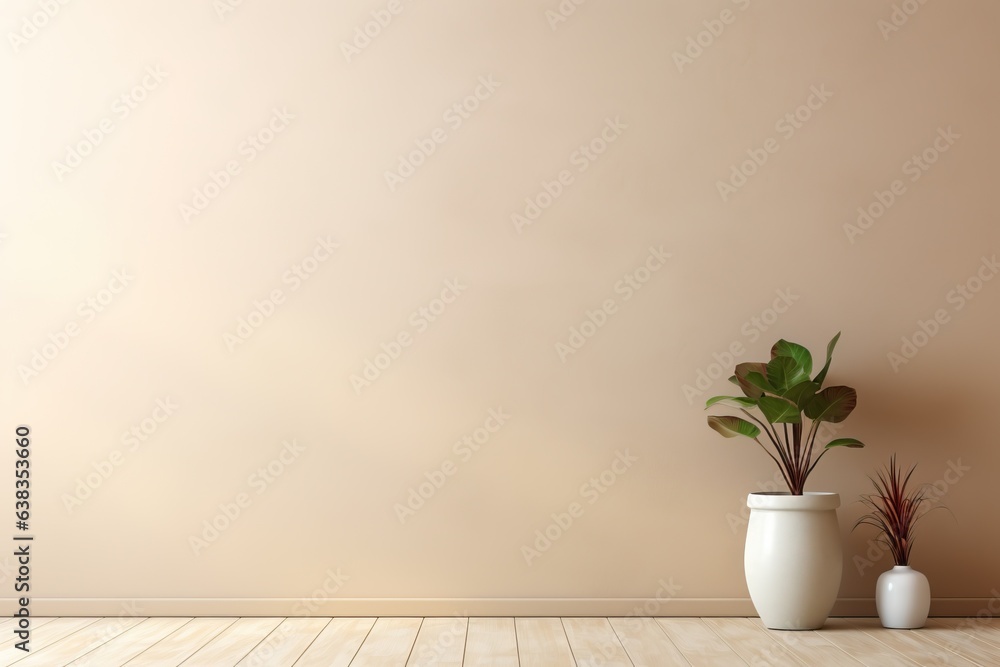 Beautiful house plant in the pot on wooden floor set beside the wall with sunbeam and shadow on biege empty wall. Background, mockup backdrop. Green houseplant decoration. Products overlay Beautiful house plant in the pot on wooden floor set beside the wall with sunbeam and shadow on biege empty wall. Background, mockup backdrop. Green houseplant decoration. Products overlay