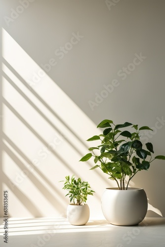 Beautiful house plant in the pot on wooden floor set beside the wall with sunbeam and shadow on biege empty wall. Background  mockup backdrop. Green houseplant decoration. Products overlay