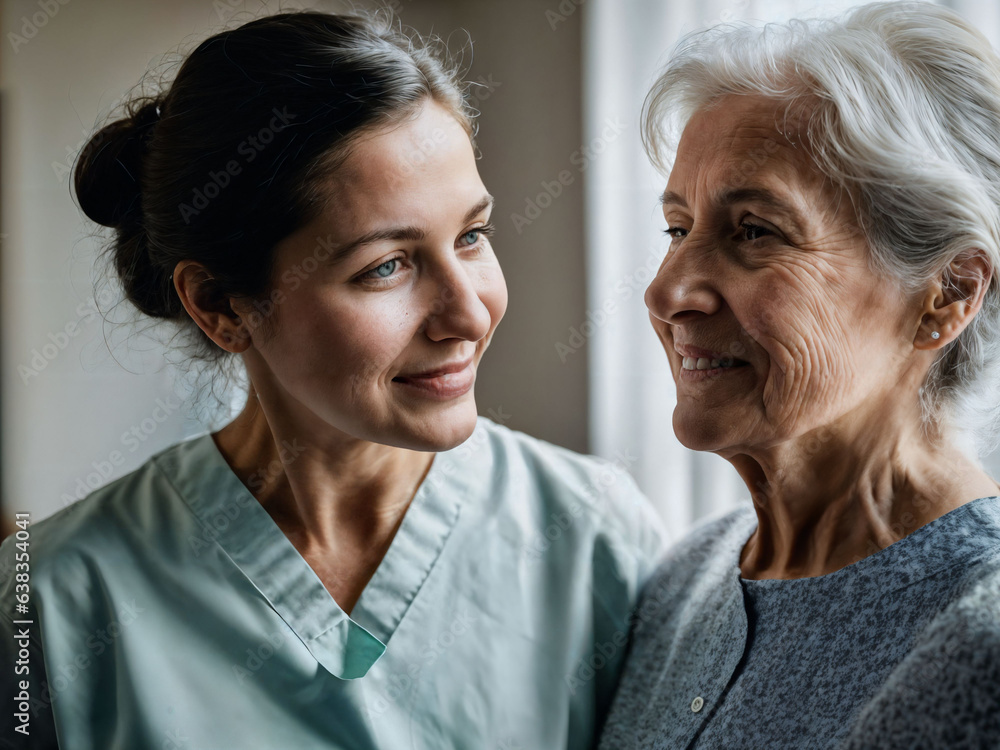 photo of woman take care senior woman at home, generative AI photo of woman take care senior woman at home, generative AI