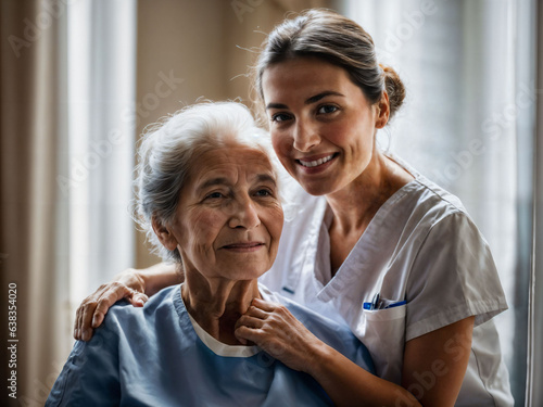 photo of woman take care senior woman at home, generative AI