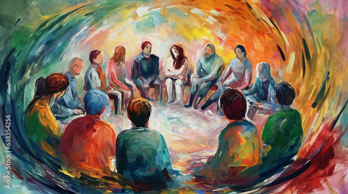 A Watercolor Painting of a Diverse Group of People Sitting in a Circle