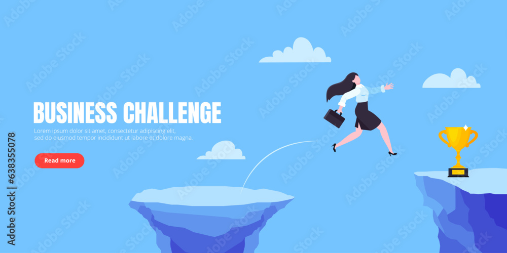 Businesswoman jumps over the abyss across the cliff flat style design vector illustration. Business concept of fearless businesswoman with courage. Risk, goal achievement, work obstacles and success.