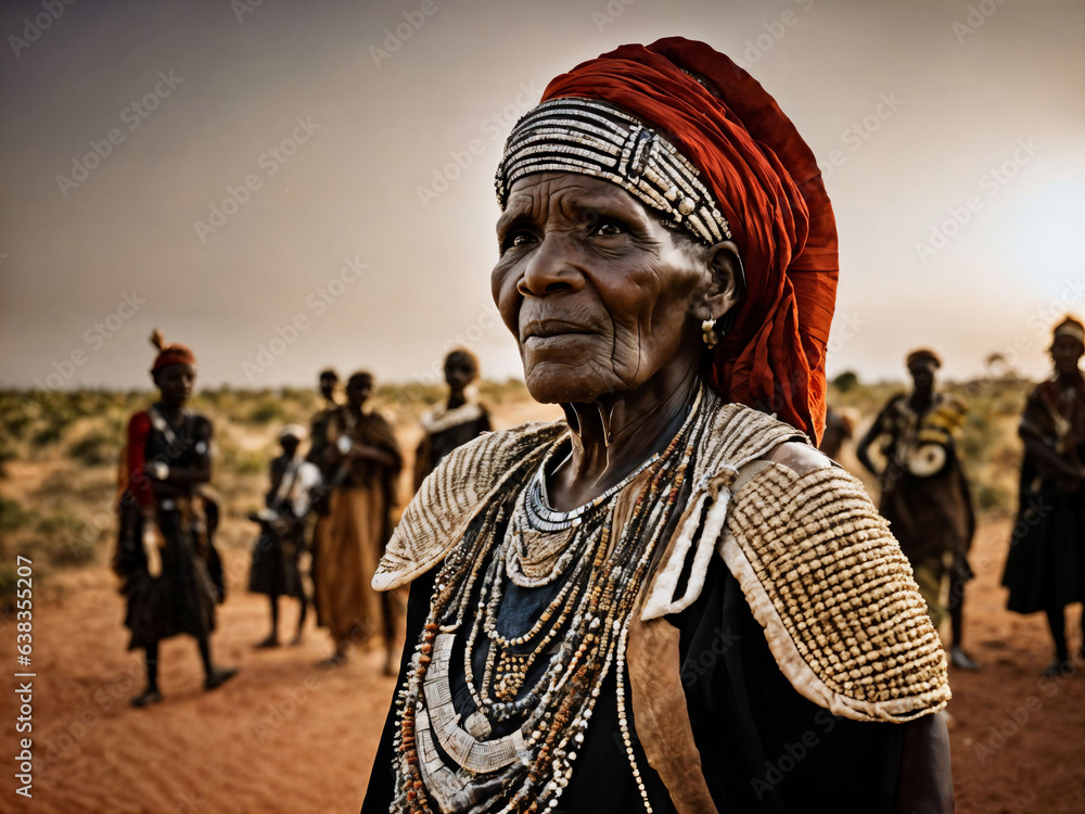 photo of african old people tribal warriors with armor, generative AI
