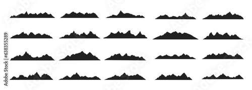 Mountain ridges peak silhouettes flat style design vector illustration set isolated on white background. Rocky mountains peaks with various ranges outdoor nature landscape background design elements.