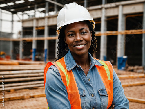 photo of african black woman as a construction worker with helmet, generative AI