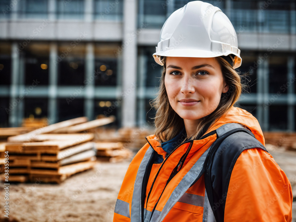 photo of woman as a construction worker with helmet, generative AI photo of woman as a construction worker with helmet, generative AI