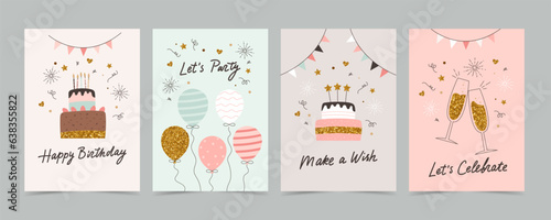 Happy birthday card set with cake, balloons and calligraphy. Cute and elegant vector illustration templates in simple style