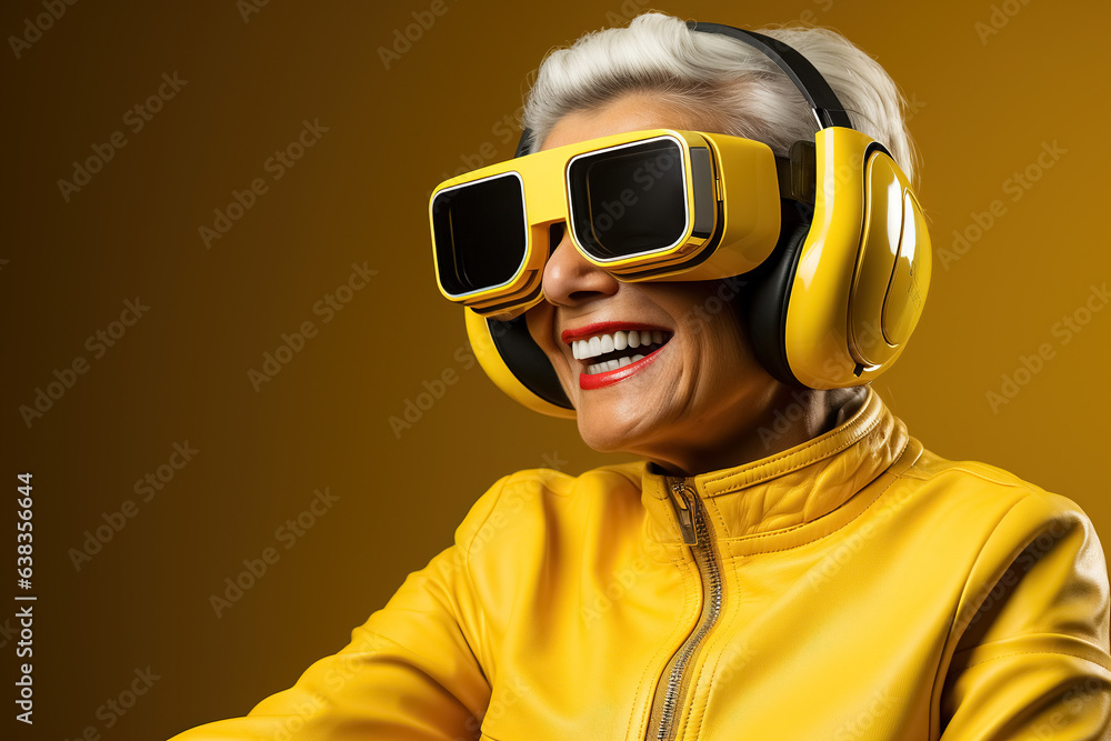 senior woman in virtual reality glasses, technologies and gadgets concept. Generative Ai senior woman in virtual reality glasses, technologies and gadgets concept. Generative Ai