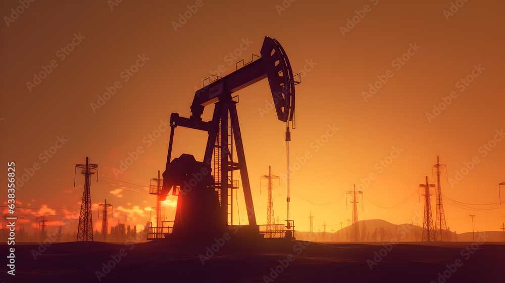 Crude oil pumpjack rig on desert silhouette in evening sunset, energy industrial machine for petroleum gas production. Generative AI