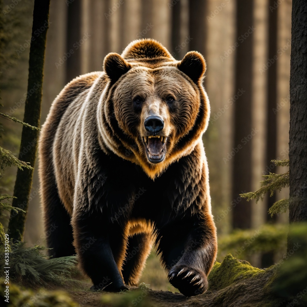 photo of big angry grizzly bear running in the jungle, generative AI photo of big angry grizzly bear running in the jungle, generative AI