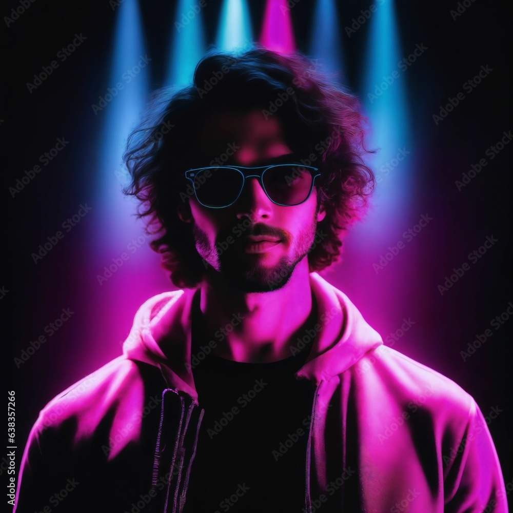 Obraz premium photo of handsome man with with mixed pink and blue neon light, generative AI