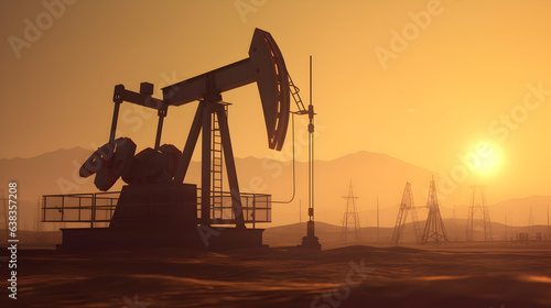 Crude oil pumpjack rig on desert silhouette in evening sunset, energy industrial machine for petroleum gas production background. Generative AI