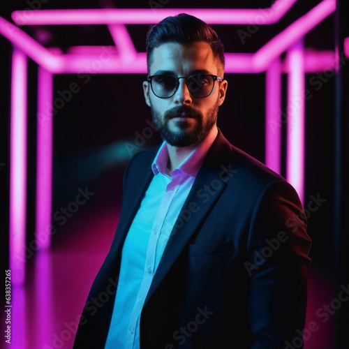photo of handsome man with with mixed pink and blue neon light  generative AI