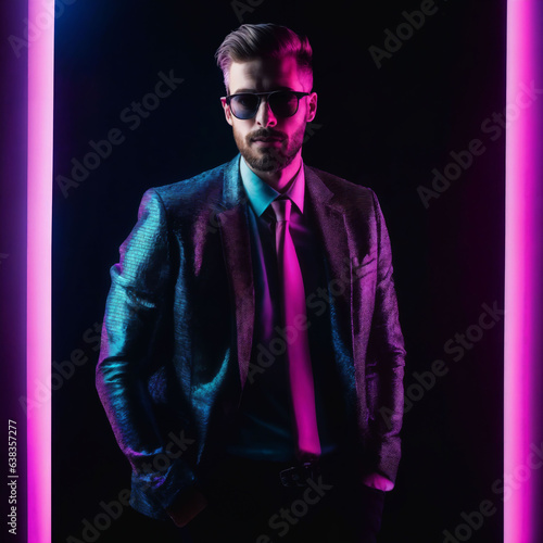photo of handsome man with with mixed pink and blue neon light, generative AI