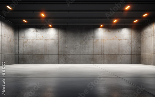 Industrial design project empty hall with led lights on top, grey walls and glossy concrete floor. 3D rendering