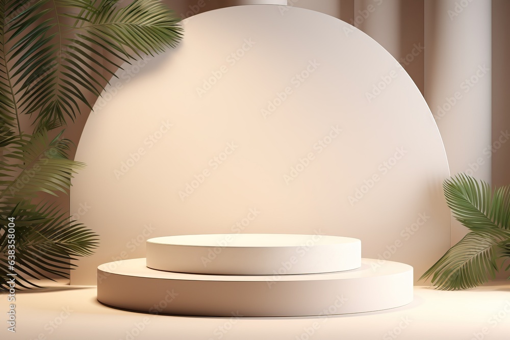 Abstract empty biege podium with shadows on light brown background with tropical leaves. Stage for product on website. Mock up stand for presentation cosmetic. Minimal concept. Advertising template Abstract empty biege podium with shadows on light brown background with tropical leaves. Stage for product on website. Mock up stand for presentation cosmetic. Minimal concept. Advertising template