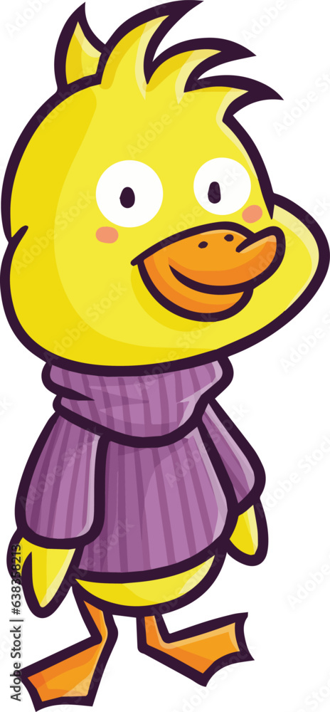 Obraz premium Cute and funny duck with purple sweater cartoon illustration