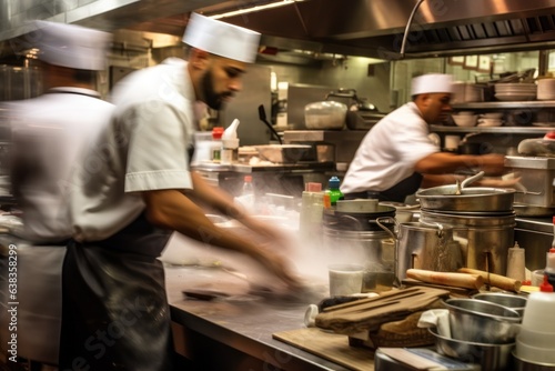 Busy restaurant scene. chefs preparing, waiters serving, diners relishing meals. Dynamic atmosphere. © Postproduction