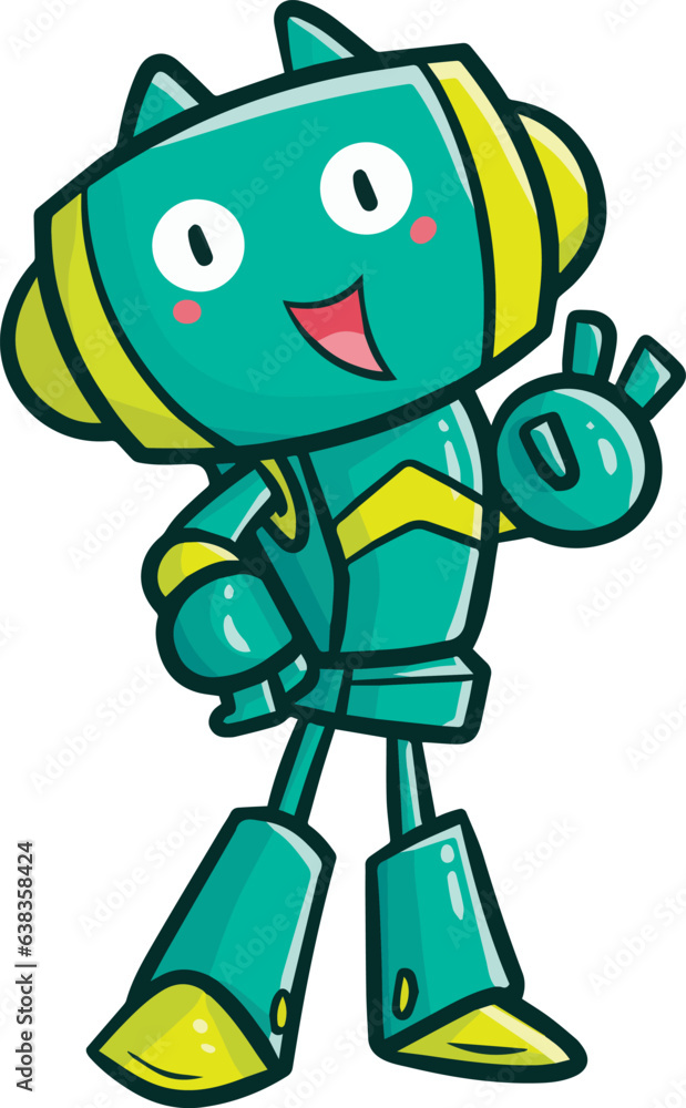 Cute and funny green robot smiling cartoon illustration