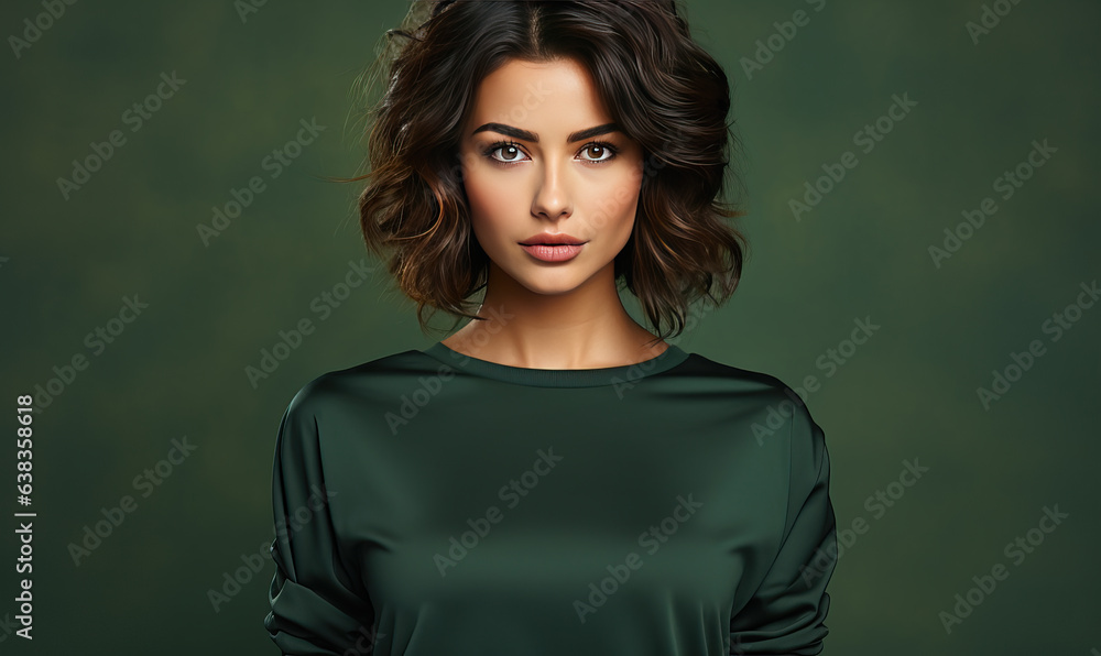 Green background with a woman pointing her finger. Green background with a woman pointing her finger.