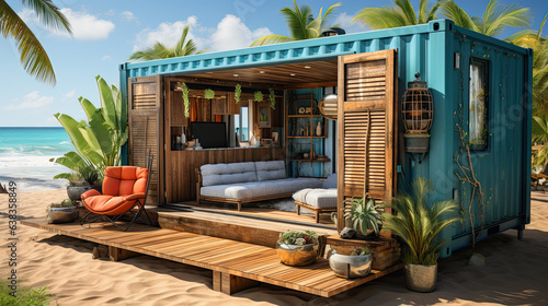 outside view of a container tiny house on tropical beach