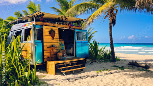outside view of a container tiny house on tropical  beach