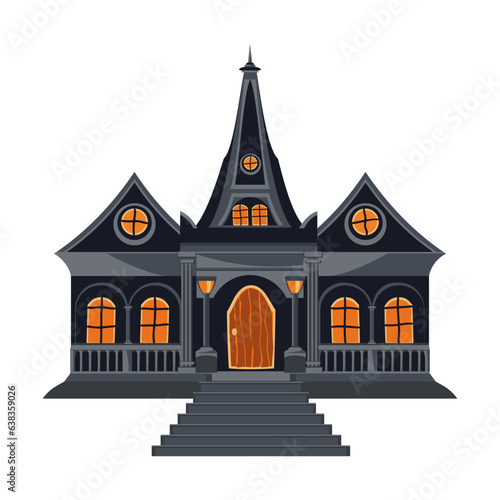 Halloween house in gray color with stairs, windows and front door. Isolated old haunted house in flat style. Cartoon gothic architecture. Vector illustration.