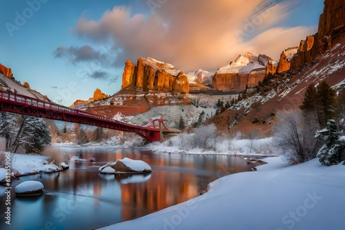 red rock buttes and the historic swinging bridge on a sunny winter day in san rafael river canyon along the buckhorn draw scenic backway in the northern san rafael swell near green river, utah. photo
