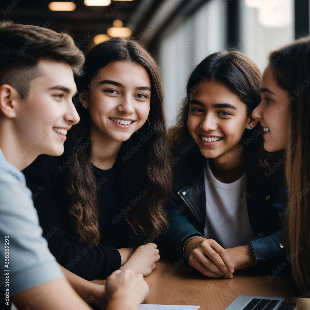 Fototapeta premium group of happy young teenage at the working office space, generative AI