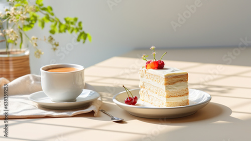 A cup of coffee and a piece of cherry cake on the table under the sunbeam. 