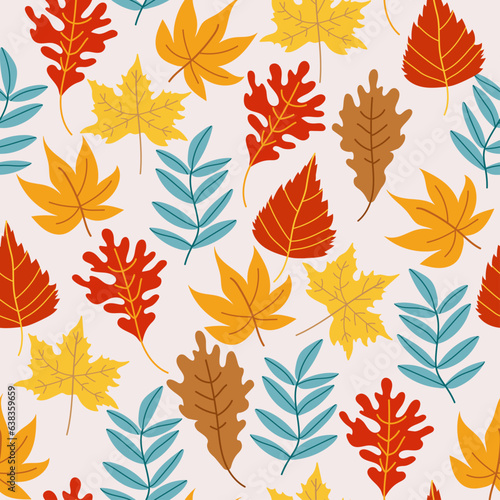 Cute autumn seamless background with colorful leaves. Ideal for wallpapers, gift paper, pattern fills, web page backgrounds, fall greeting cards.