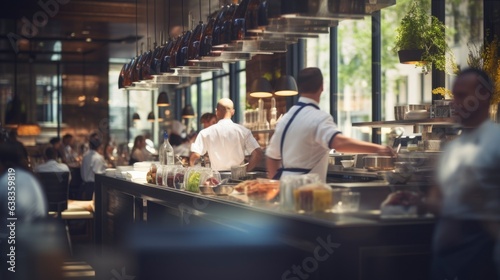 Movement blurred restaurant background with some people eating and chefs and waiters working