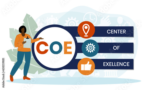COE - Center of Excellence acronym. business concept background. vector illustration concept with keywords and icons. lettering illustration with icons for web banner, flyer