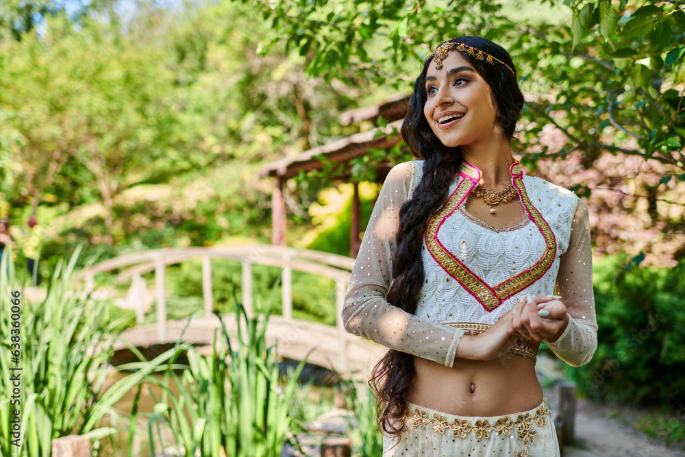 amazed and happy indian woman in elegant ethnic wear looking away in green summer park amazed and happy indian woman in elegant ethnic wear looking away in green summer park