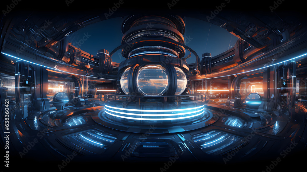 full 360 spherical panorama view of futuristic sci-fi environment with neon lights 3d render illustration hdr hdri vr design. Generative AI - obrazy, fototapety, plakaty 