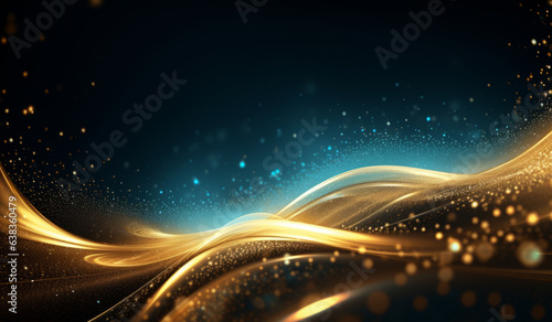 Digital Gold Particles Wave and light abstract background with shining floor particle stars dust. Futuristic glittering Luxury golden sparkling on black background. Generative AI.