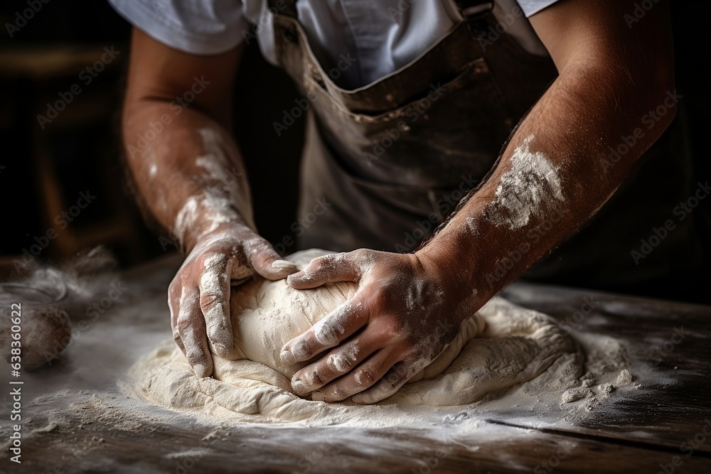 Dough Shaping Mastery: Bakers Kneading with Skillful Hands. Generative Ai