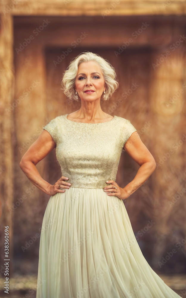 photo of white middle aged old lady american woman in dress at the sand beach, generative AI photo of white middle aged old lady american woman in dress at the sand beach, generative AI