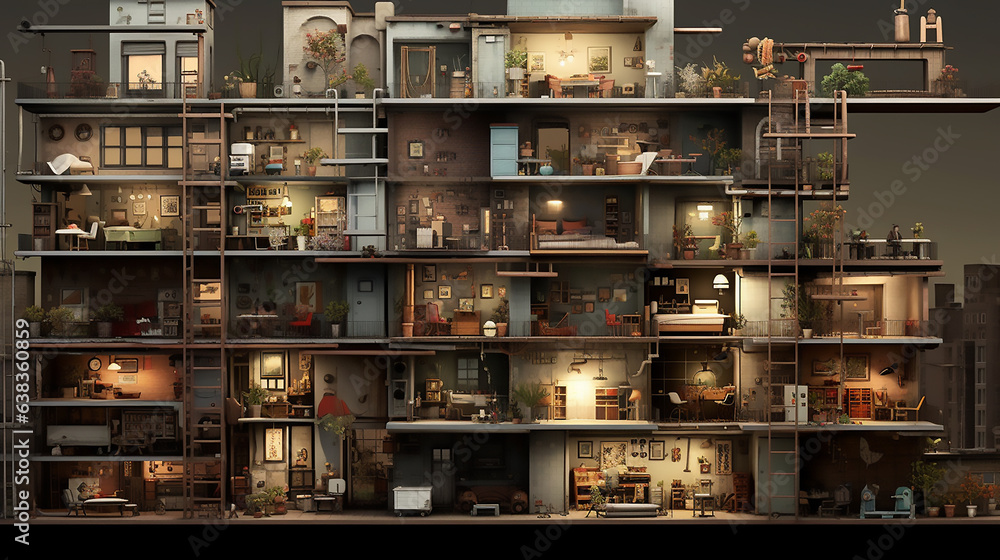 Fantastic high-rise building with open rooms without walls. Dollhouse. Housing of the future. Hostel. Fantastic high-rise building with open rooms without walls. Dollhouse. Housing of the future. Hostel.
