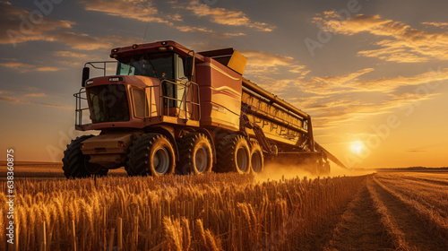 a combine harvester mows a wheat field at a sunset.