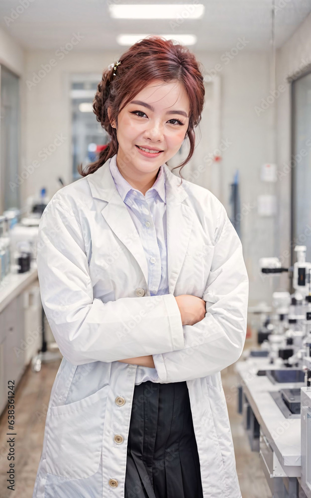 photo of asian woman in white lab coat at modern laboratory, generative AI photo of asian woman in white lab coat at modern laboratory, generative AI