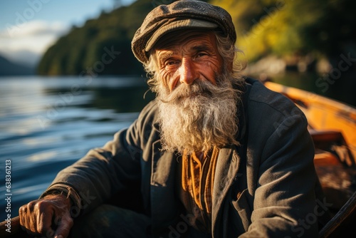 Portrait of an elderly fisherman in a boat on a sunny day