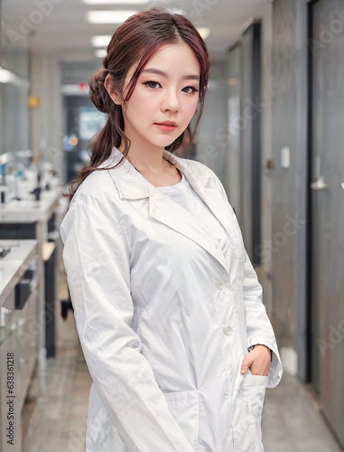 photo of asian woman in white lab coat at modern laboratory, generative AI