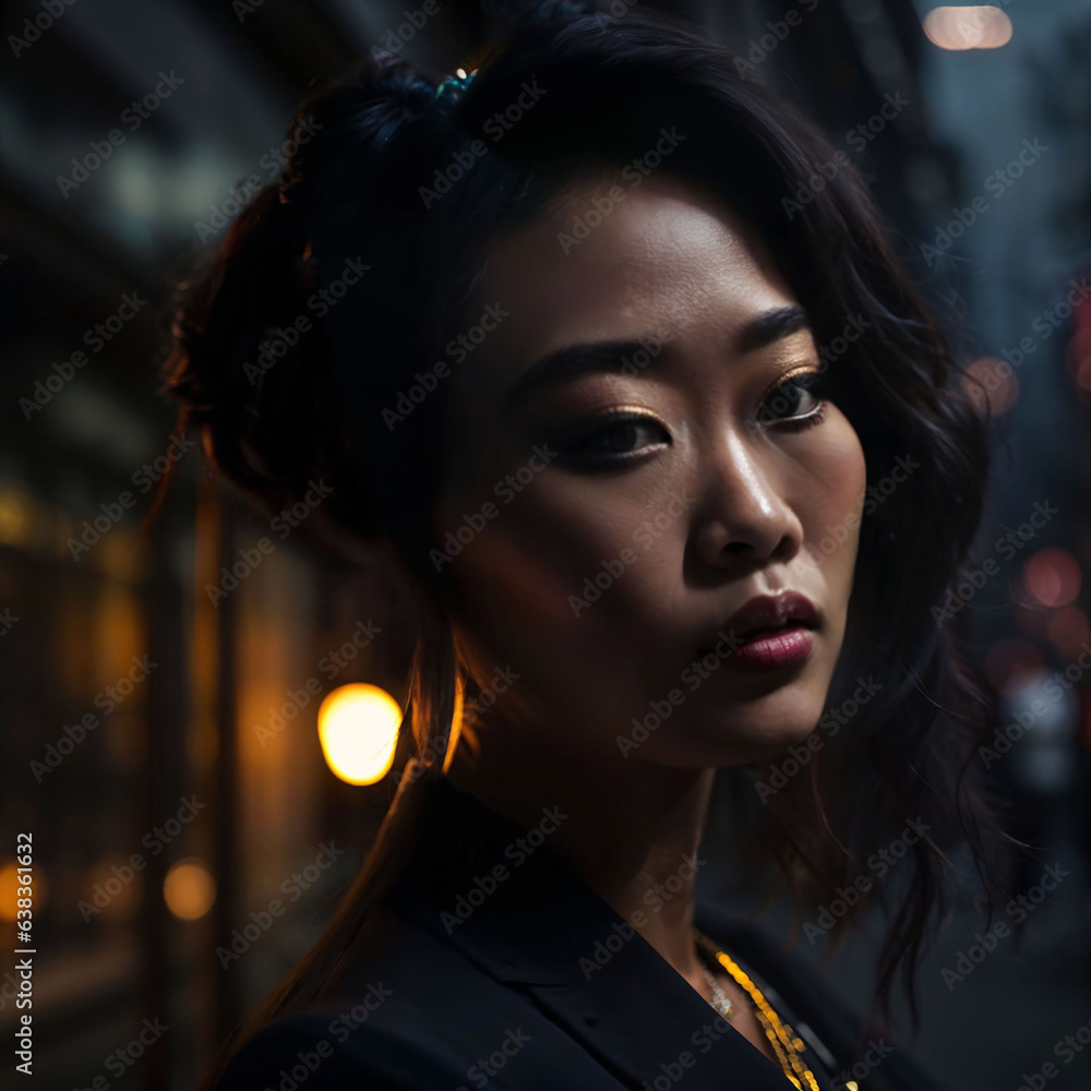 photo of asian woman at street night with light, generative AI photo of asian woman at street night with light, generative AI