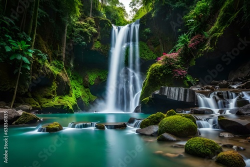 Tropical rainforest waterfall featuring a turquoise blue pond surrounded by rocks. Its twin waterfall on a mountainside gave rise to the name Banyumala.