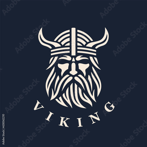 Nordic viking logo. Norse warrior icon. Horned barbarian helmet symbol. Norseman Odin emblem. Vector illustration.