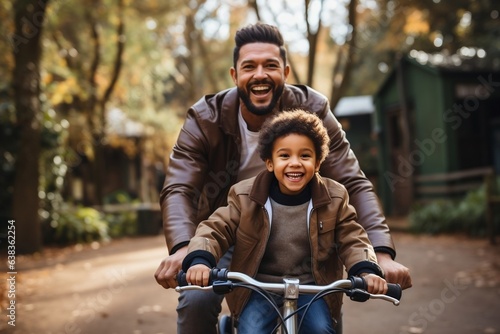 Bike Path to Happiness: Ethnic Father and Son Sharing Joyful Ride. Generative Ai