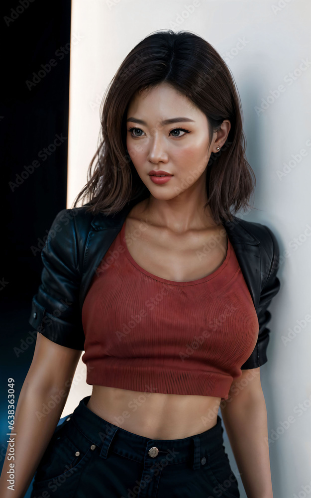 photo of asian woman in jacket outfit with colorful light in background, generative AI photo of asian woman in jacket outfit with colorful light in background, generative AI