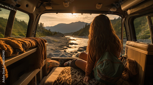 a young pretty woman with long hair sits in her campervan and looks out at water in the evening.